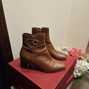 Women's Brown Leather Ankle Boots with Gold Buckle